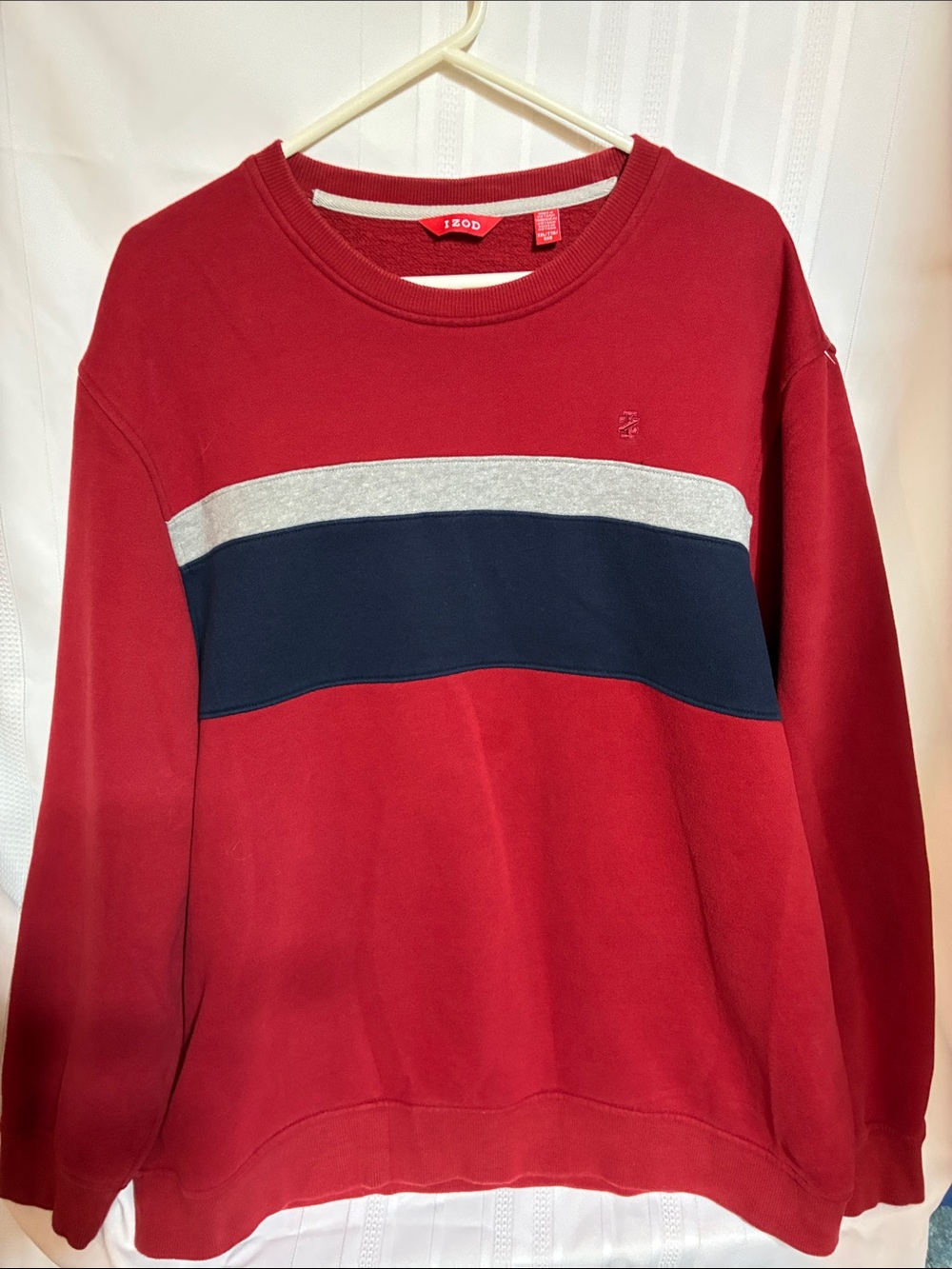 Izod Men’s Red Crewneck Sweatshirt with Navy and Gray Stripes